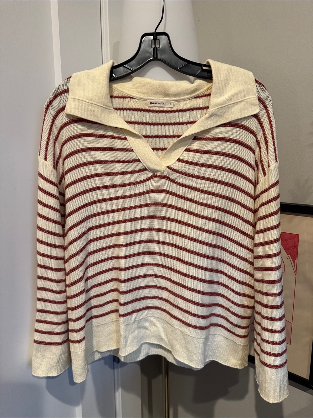 Marine Layer Cream Sweater with Red Stripes V-Neck Collar, Size Large